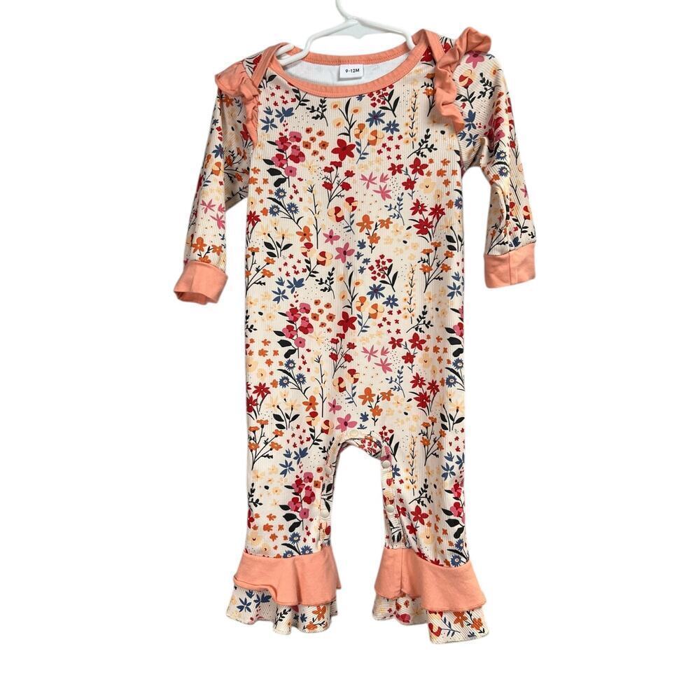 Girls One Piece Romper Peach Floral Long Sleeve 9-12 Months